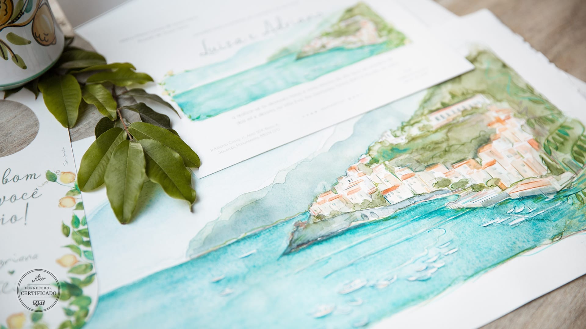 Convites da Bia Coutinho, modelo aquarelado, tema praia.
