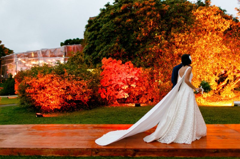 noivos posando em um casamento no campo